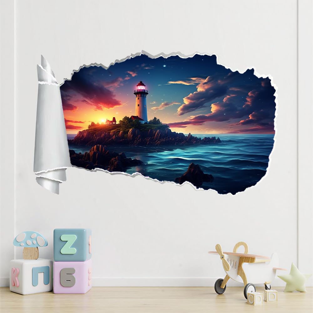 3D Wandtattoo Durchbruch Wanddeko Leuchtturminsel Wanddurchbruch sticker Wandbild Wandsticker Sonnenuntergangsblick Wohnzimmer Wanddeko Wandaufkleber für Kinderzimmer Teenager Zimmer
