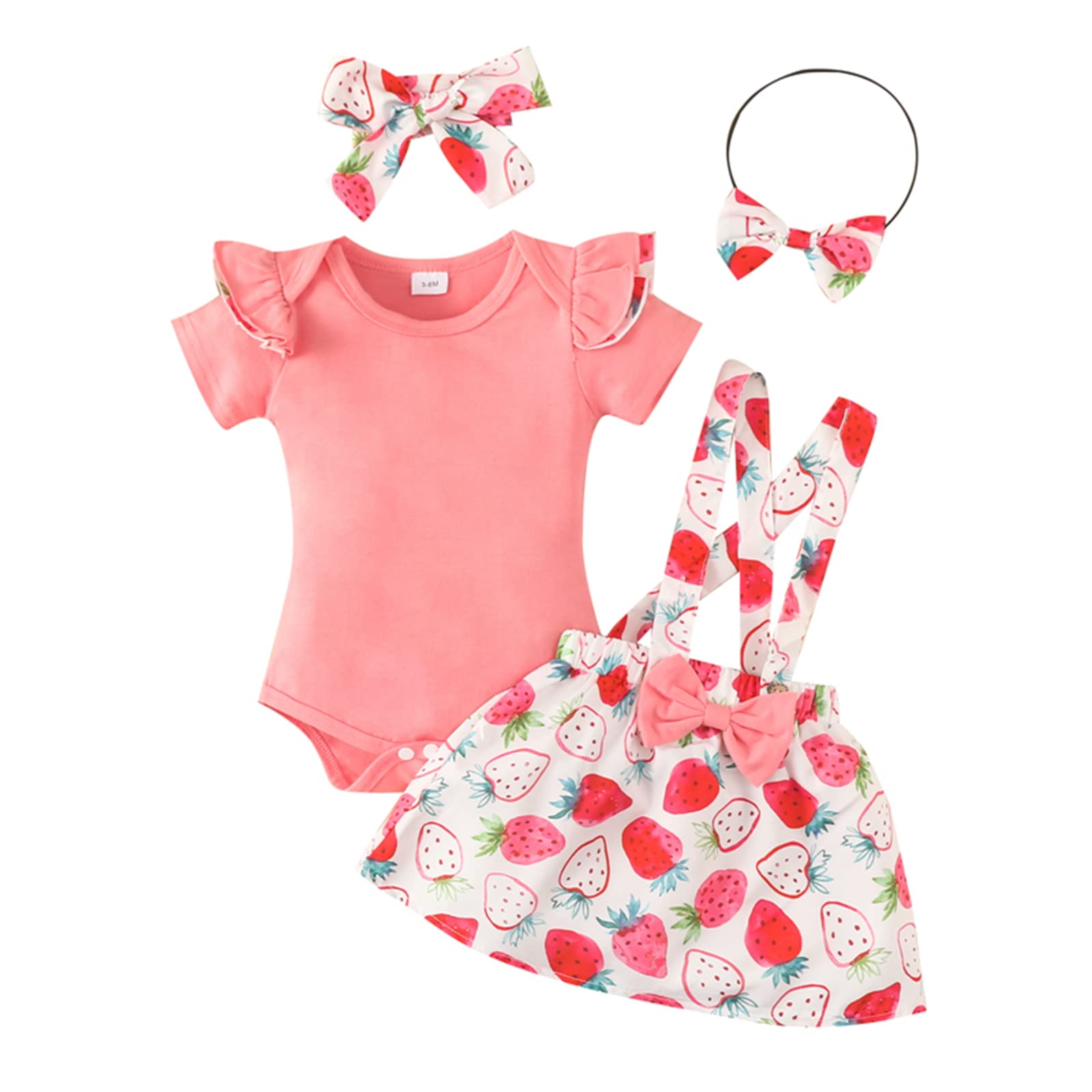 Newborn Baby Girl Clothes Ruffle Short Sleeve Ribbed Cartoon Print Romper Suspender Skirt Overall Dress Set (B-Pink,3-6 Months)