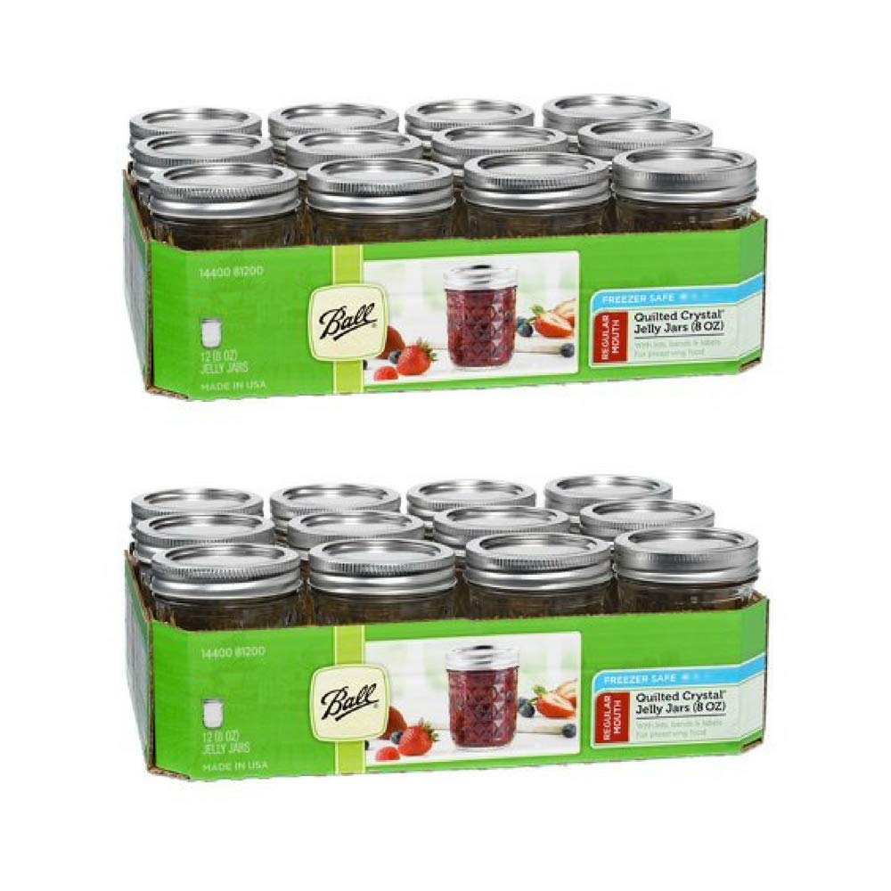 Ball Quilted Crystal Regular Mouth Half-Pint 8 Oz. Glass Mason Jars with Lids and Bands, 12 Count/box (2 Box)