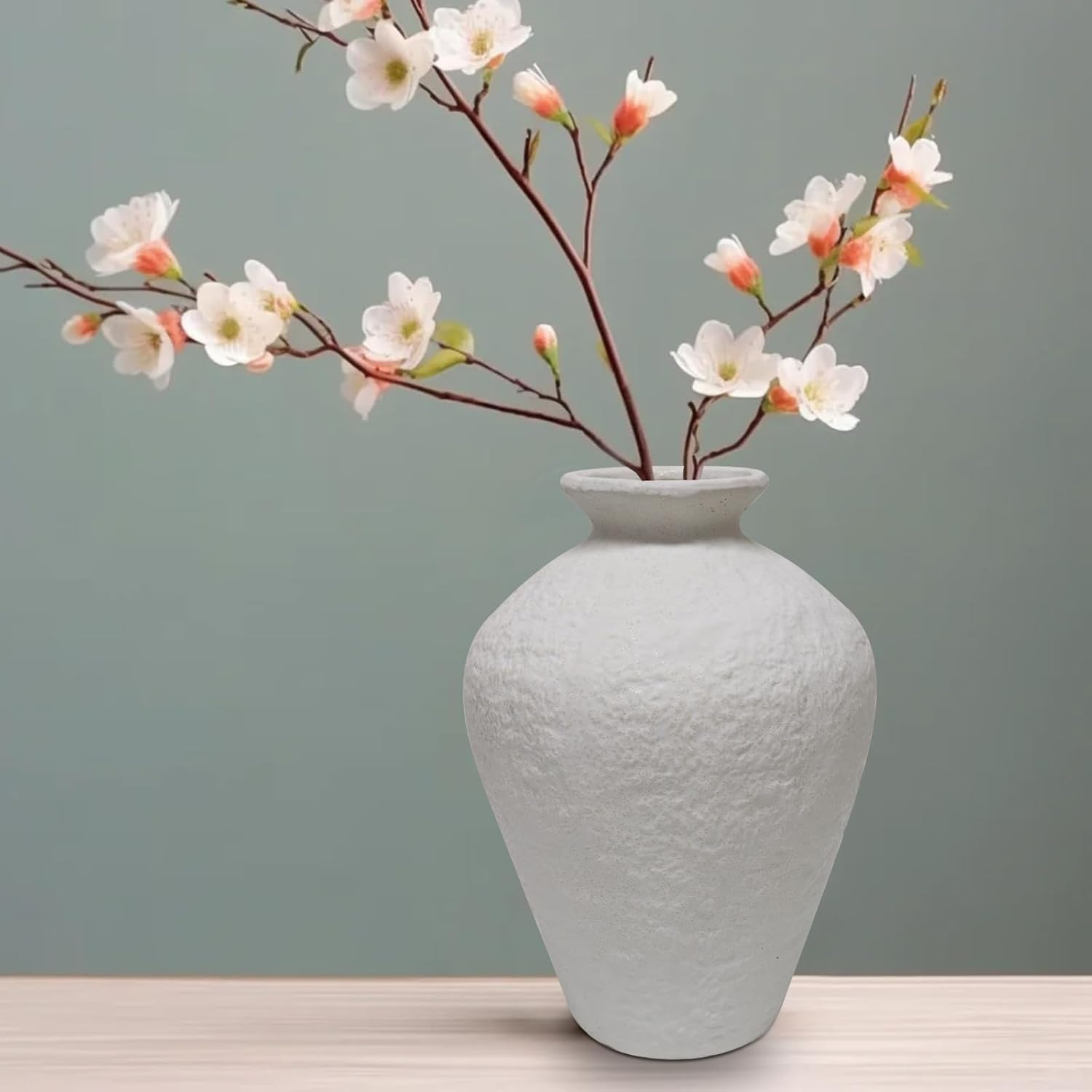 MAKHOT Rustic Ceramic Farmhouse Flower Large Vase, 9.05" Modern Antique Terra Cotta Decorative White Vases Suitable for Home, Indoor, Kitchen, Shelf, Table, Corner Decor, WhiteVase Large Decoration White-74