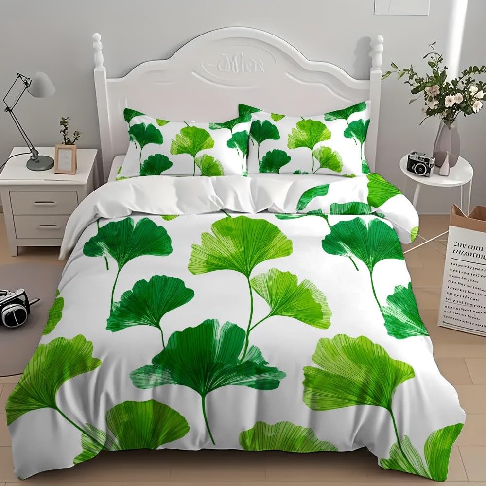 3-częściowy komplet pościeli 200 x 200 cm, z mikrofibry, proste liście miłorzębu, poszewka na kołdrę z zamkiem błyskawicznym, 80 x 80 cm, zielona, oddychająca, nie wymaga prasowania i miękka poszwa na