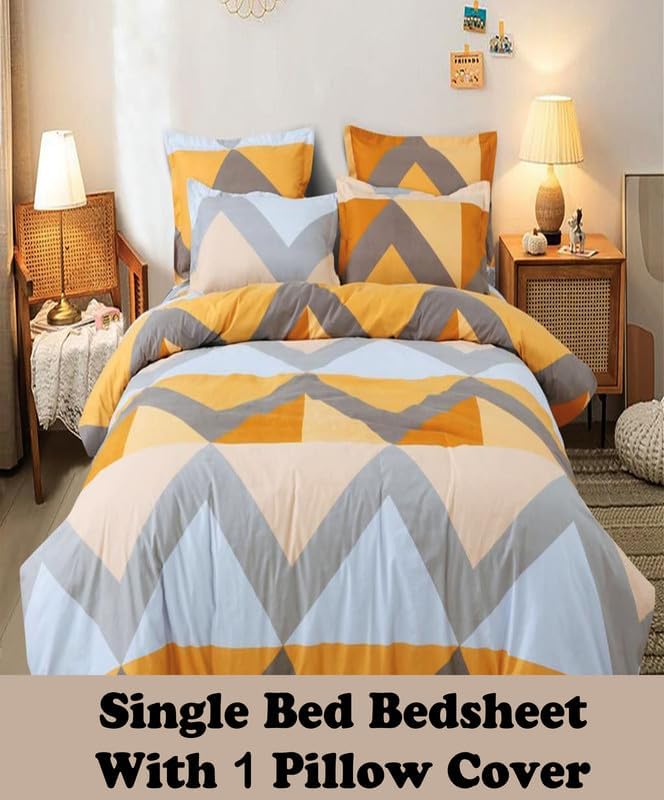 Image of Polycotton Single Bed Bedsheet, Flat Sheet with 1 Pillow Cover, Queen (60x90 inch), 300 TC, Yellow & Grey, Set of 2