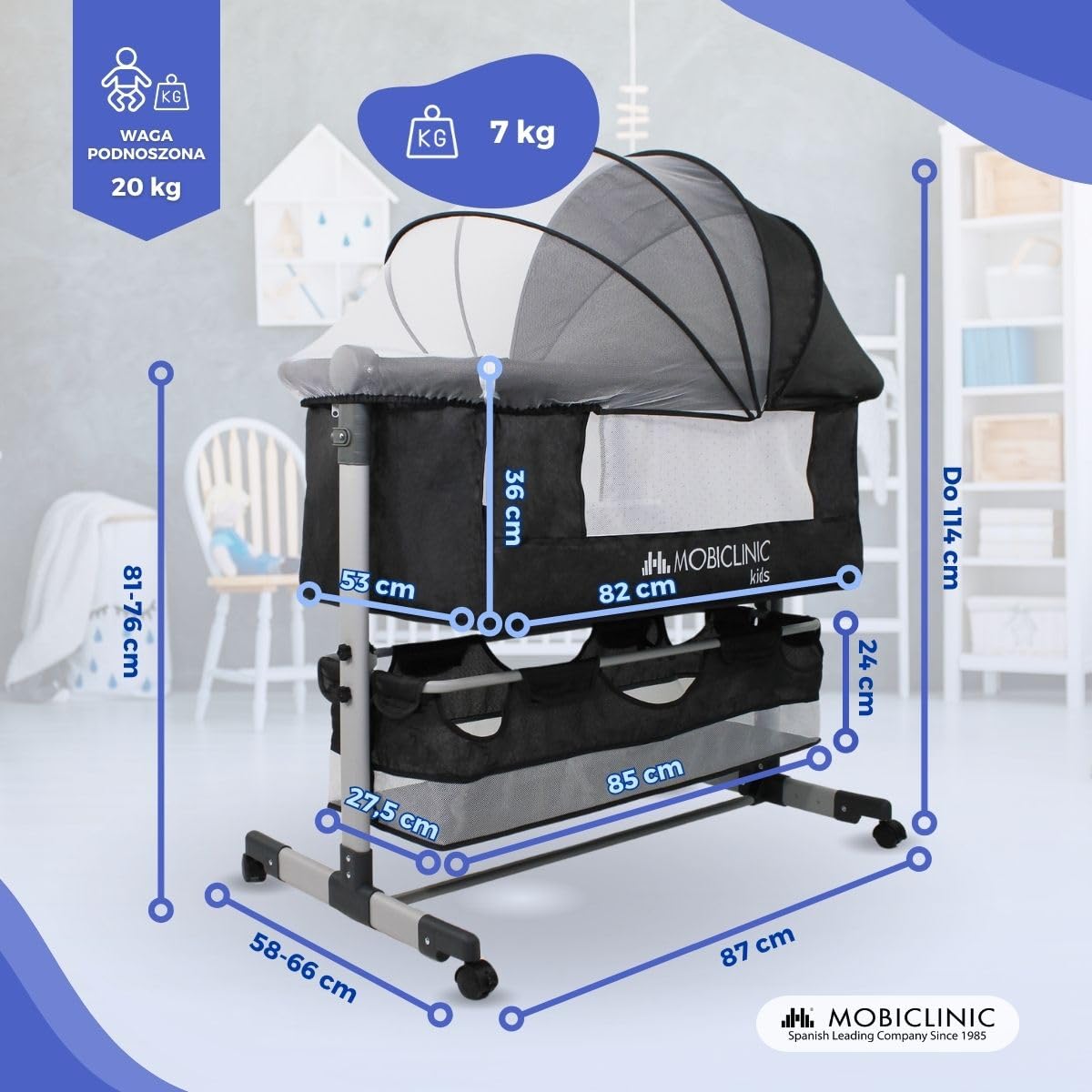 Mobiclinic®, Łóżeczko Nocne 3 w 1, Regulowana Wysokość, Materac, Moskitiera, Kółka 360°, Paski, Kosz do Przechowywania, do 20 kg, Czarne