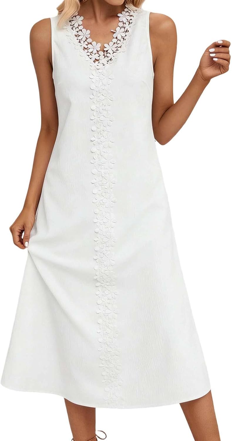 Women's Sleeveless Lace Midi Dress V Neck Elegant Casual Flowy A Line Tank Dresses Summer Beach Vacation Clothing