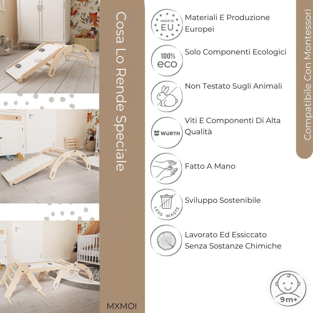 MAMOI® Arrampicata per bambini con scivolo in legno naturale, Dondolo triangolo, Altalena da casa interno, Parete arco montessori a partire da 1 anno 2/3 anni