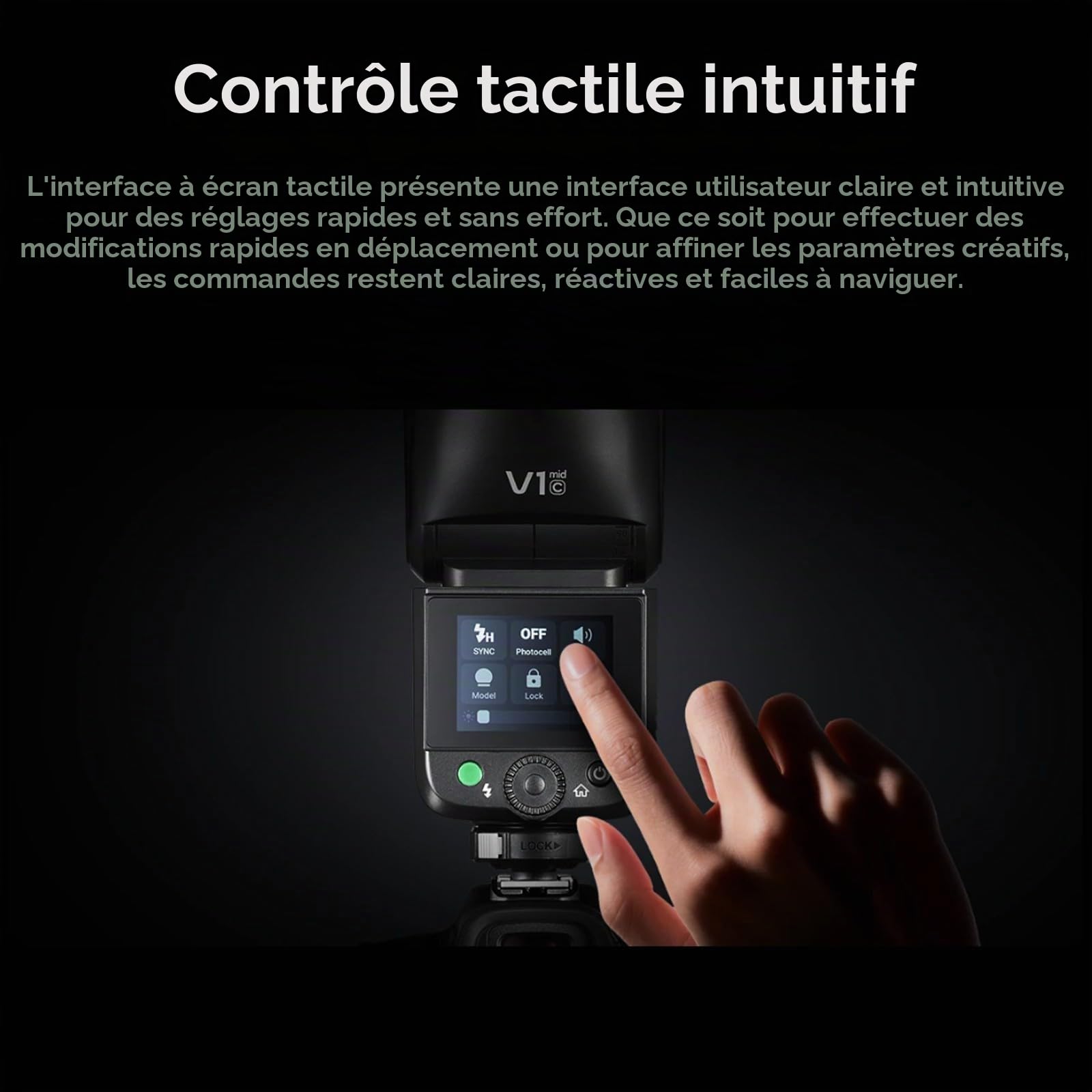 Godox V1 mid C V1midC TTL Flash pour Canon, mini flash à tête ronde avec écran tactile, temps de recyclage de 1,7 s, 650 éclairs à pleine puissance, lampe pilote LED de 2 W, synchronisation haute vite