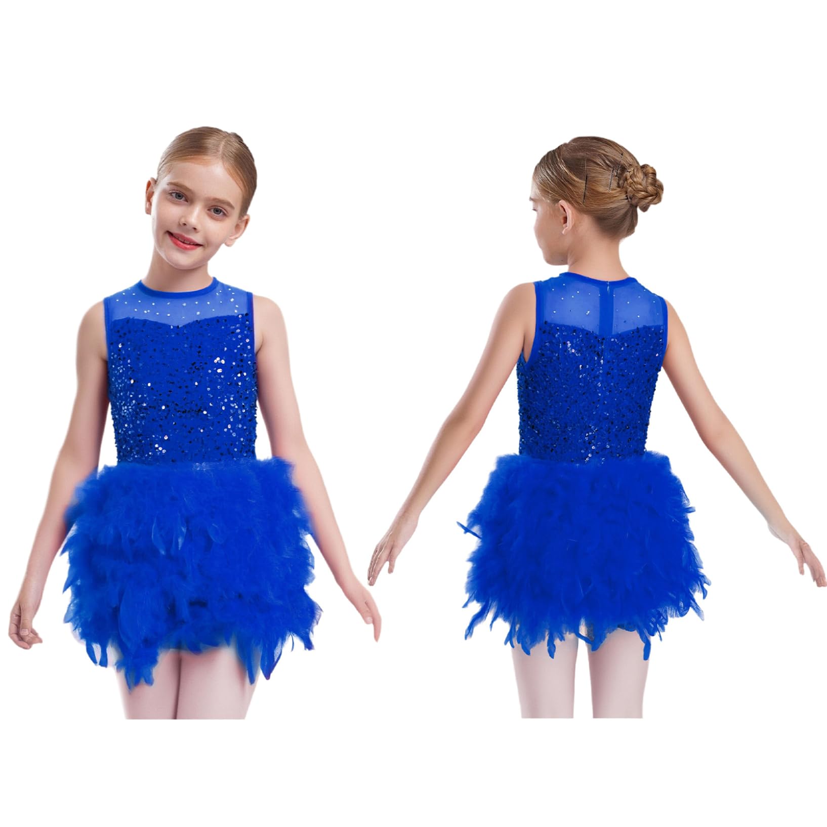Oyolan Vestito Ballo Bambina Corpo Corpo Tutu in Piume E Strass Senza Maniche Costume Danza Latina Moderno E Jazz