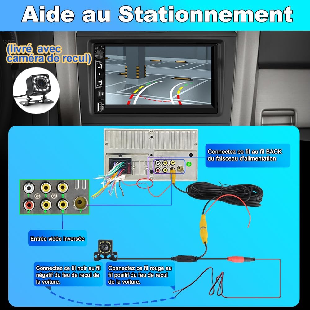 Diagram showing the connection of the rear view camera to the car stereo and the car's reverse light wiring.