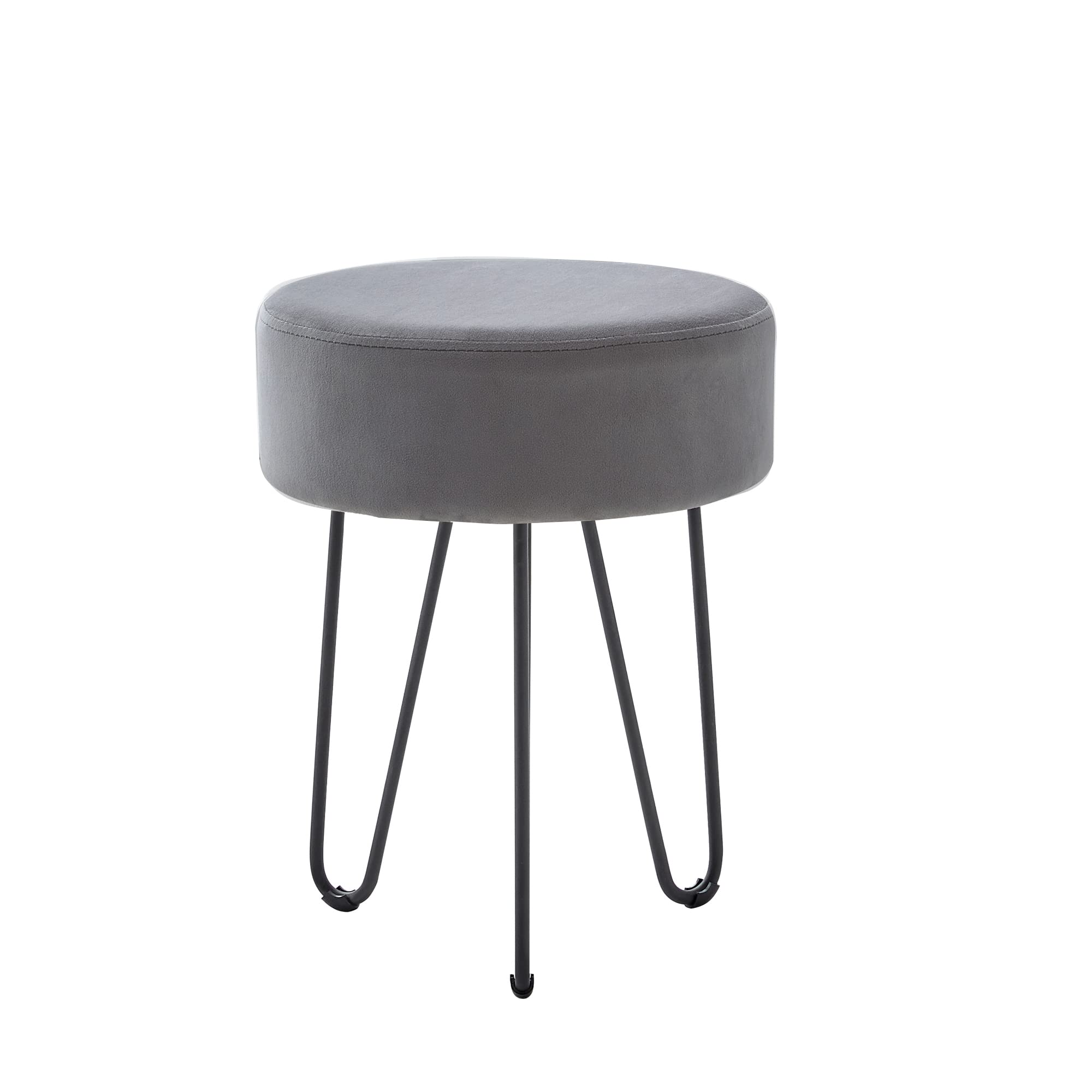 DS Velvet Round Dressing Stool Makeup Chair Footstool Footrest Ottoman Hairpin legs (Grey+Black leg)