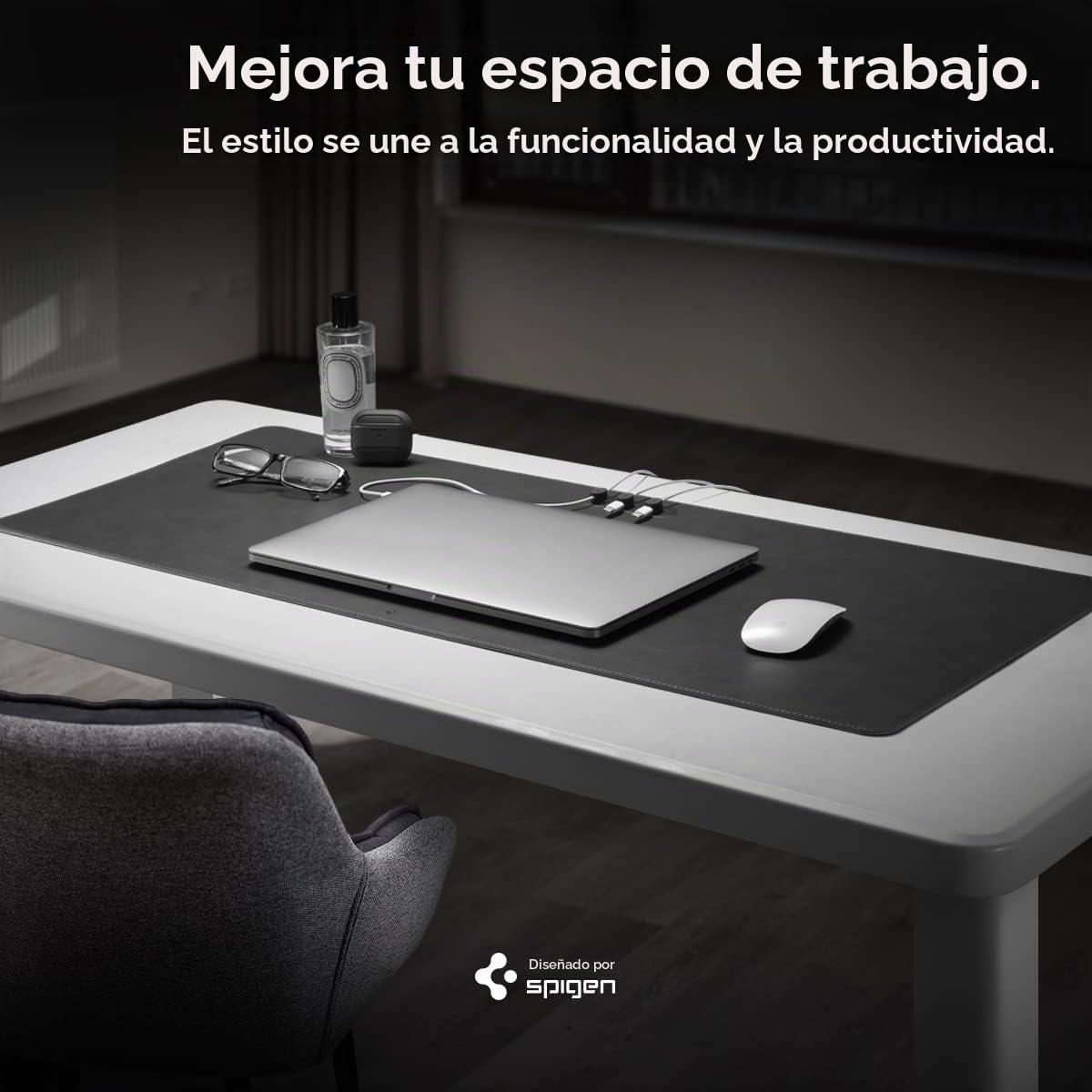 Spigen Alfombrilla de Escritorio Velo Vegan PU Cuero con Soporte Magnético para Cables y Base de Goma Antideslizante - Negro