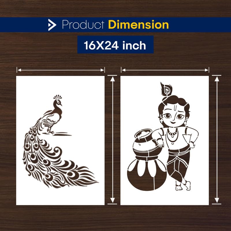Image of ARandNJ Theme- Peacock Bird & Natkhat Krishna Print DIY Reusable Design Ideal for Kids Room, Entrance, Bedroom Decoration Modern Pattern Home Wall Stencil (Pack of 2, Stencils for Wall Painting)