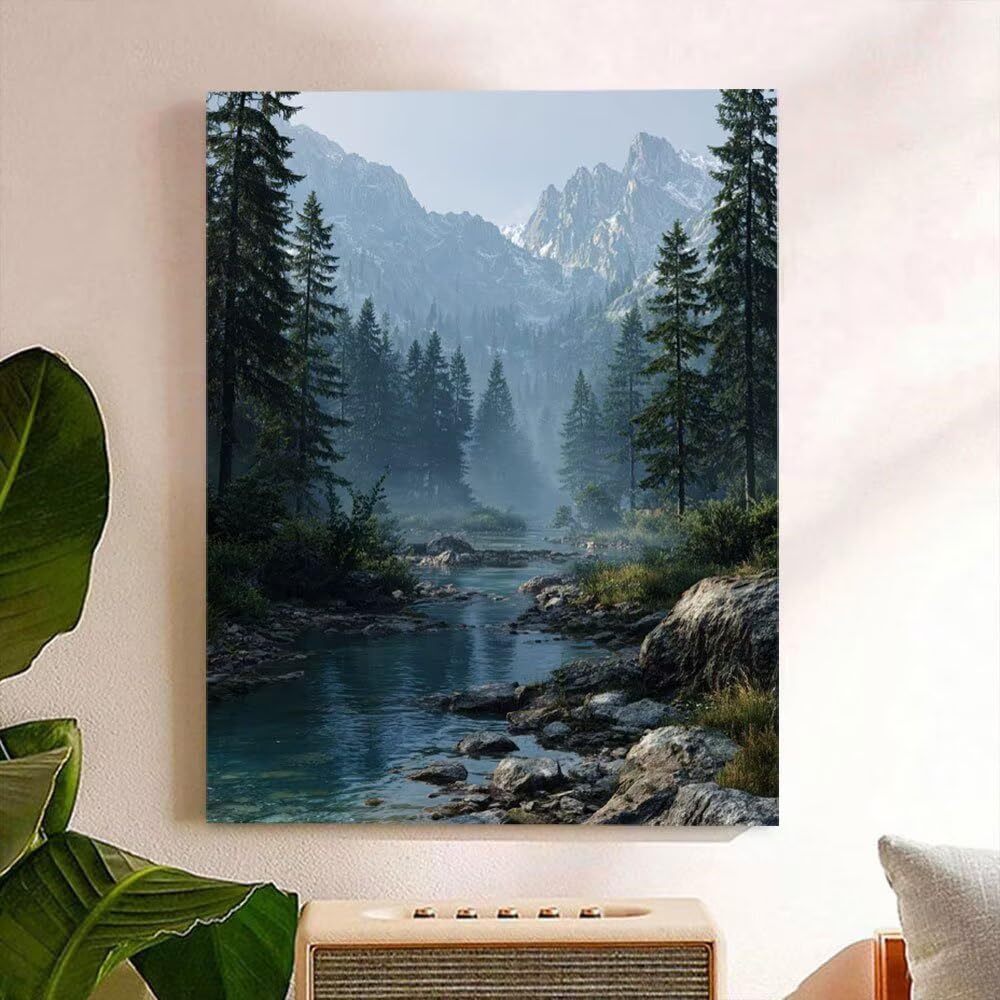 Malen Nach Zahlen Erwachsene DIY Komplettset - Hochwertige Acrylfarben & Leinwand - Entspannendes Kunsthandwerk für Anfänger & Fortgeschrittene - Ideales für Home Deko - Bergwald Motiv (80x100cm) C815