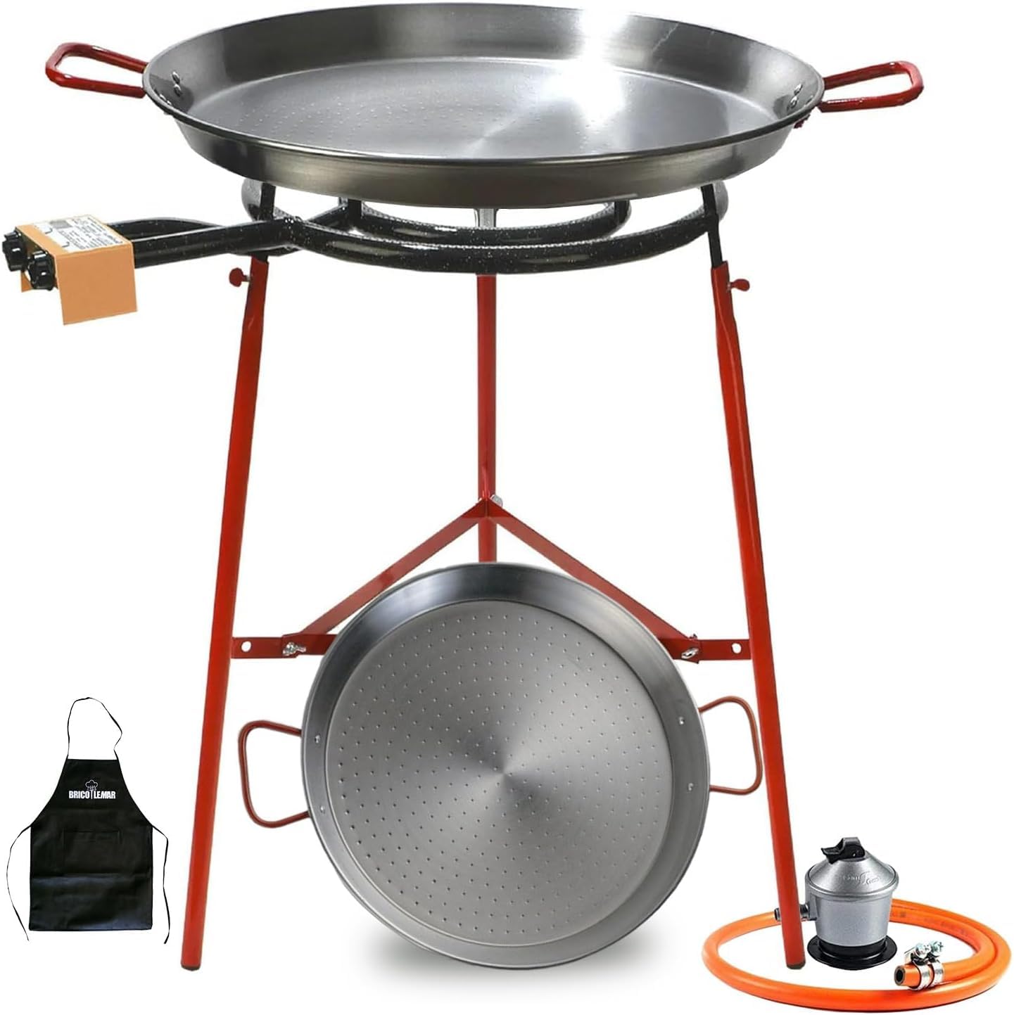 Paellero a Gas 50 cm + Kit Completo (Paellera 60 cm + Paellera de 42 cm + Patas Reforzadas + Regulador + Manguera + Delantal)