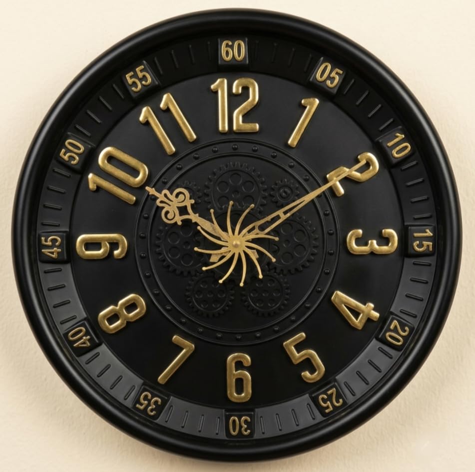 Image of Big Size Designer Wall Clock 13.5 Inch for Living Room Stylish Gear Design Seconds Needle | Unique Watch for Bedroom, Office, Kitchen, Hall| No TIK-TIK Decorative Clock for Home Decor. (Black)