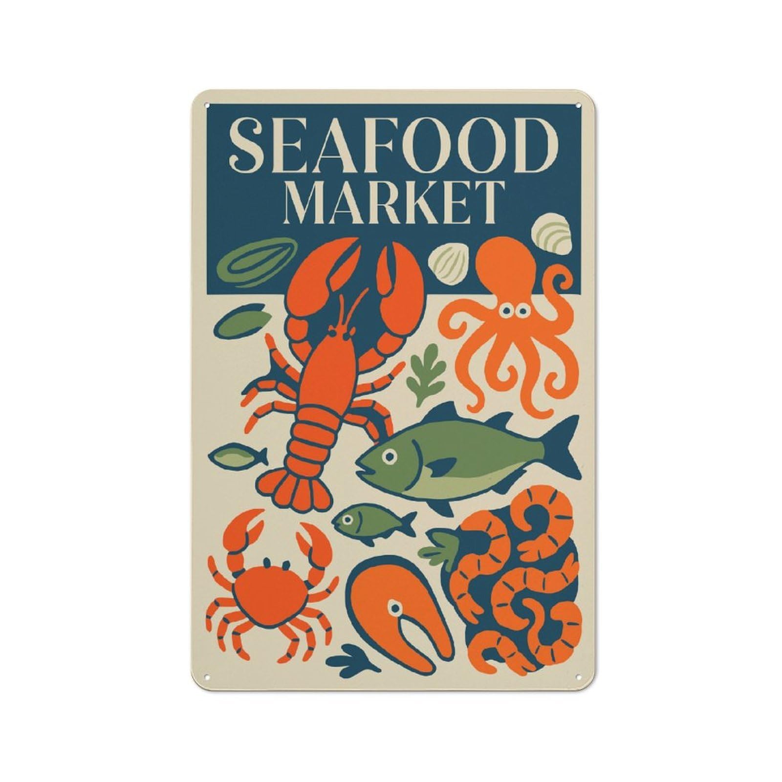 Tin Sign with Seafood Market Illustration Design 30x20cm, Understated Studio Wall Plaque for Hobby Room, Office, Lounge Or Living Room