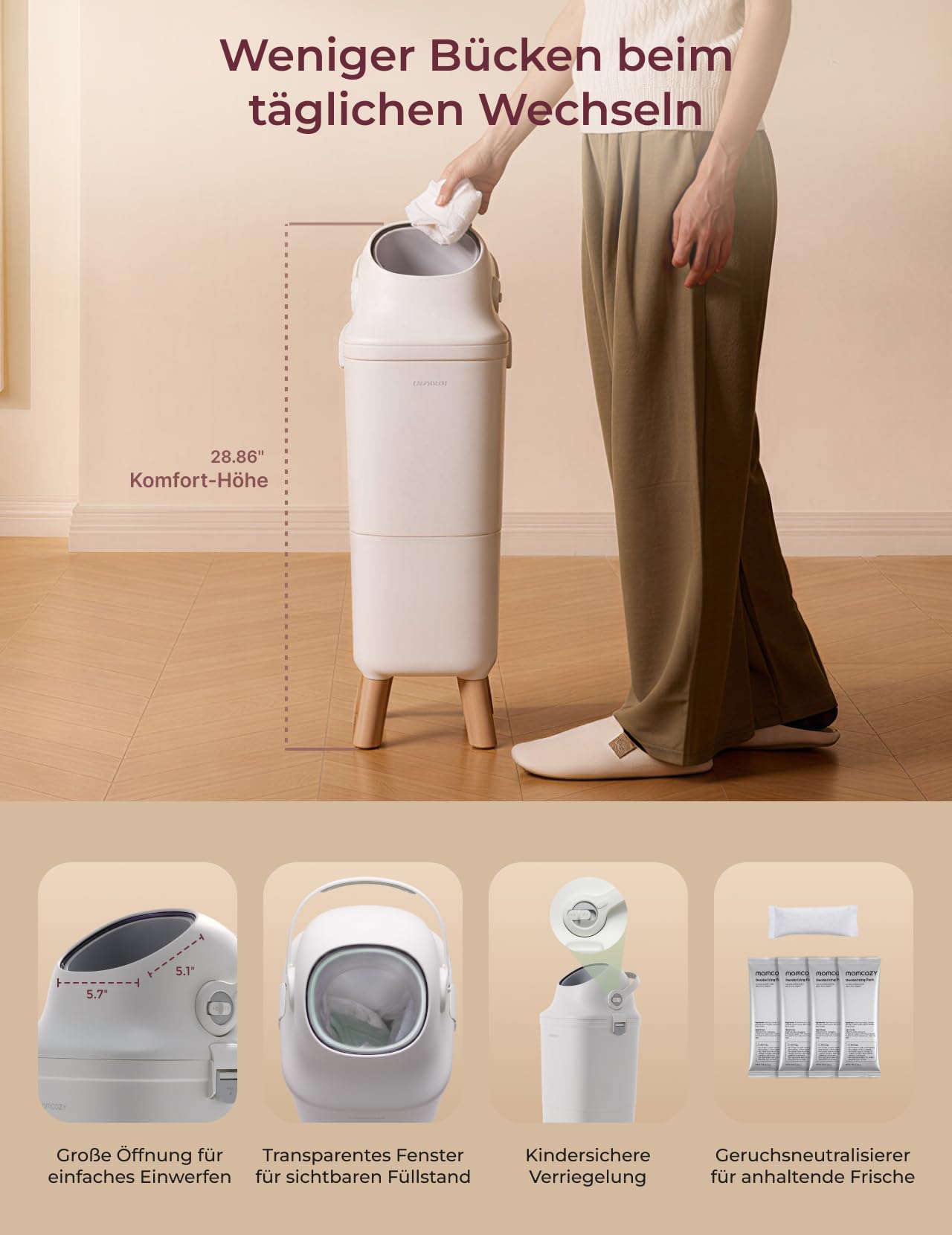 Momcozy Windeleimer mit 3-fach-Verschlusssystem zur Reduzierung von Gerüchen, windeleimer geruchsdicht breite Öffnung, ergonomische Höhe, großes Fassungsvermögen mit Sichtfenster, diaper bin