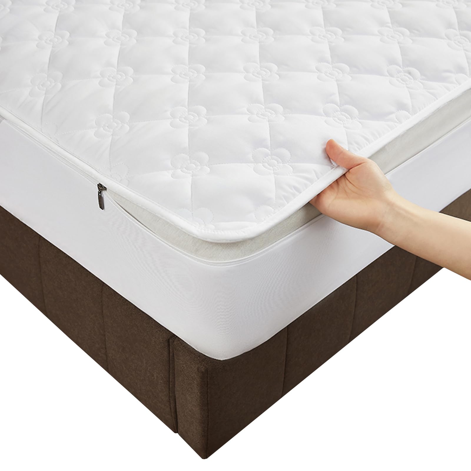 Mattress Encasement King Size Quilted Mattress Cover with Zip Customizable Zipped Mattress Protector Breathable Mattress Topper Cover Fully Encased Washable Fitted Sheets(130X190+15cm,W)
