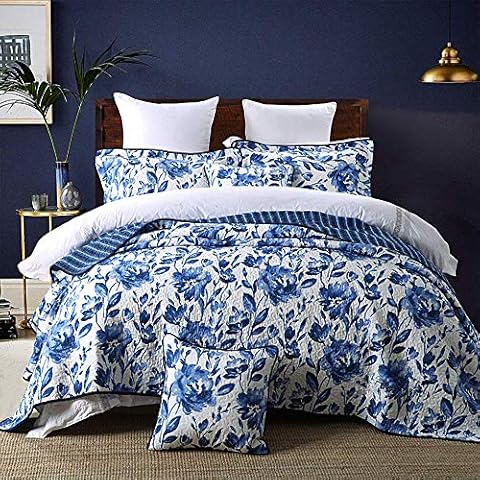 HNNSI Blue and White Porcelain Cotton Quilt Bedspread Sets Queen Size 3 Pieces,Chinese Style Floral Comforter Bedding Sets Cover
