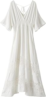 Women's Lace Maxi Dress Short Sleeve V Neck Party Dress Smocked Waist Boho Maxi