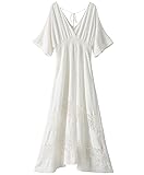 Women's Lace Maxi Dress Short Sleeve V Neck Party Dress Smocked Waist Boho Maxi Dress Bohemian Dress for Women White Medium