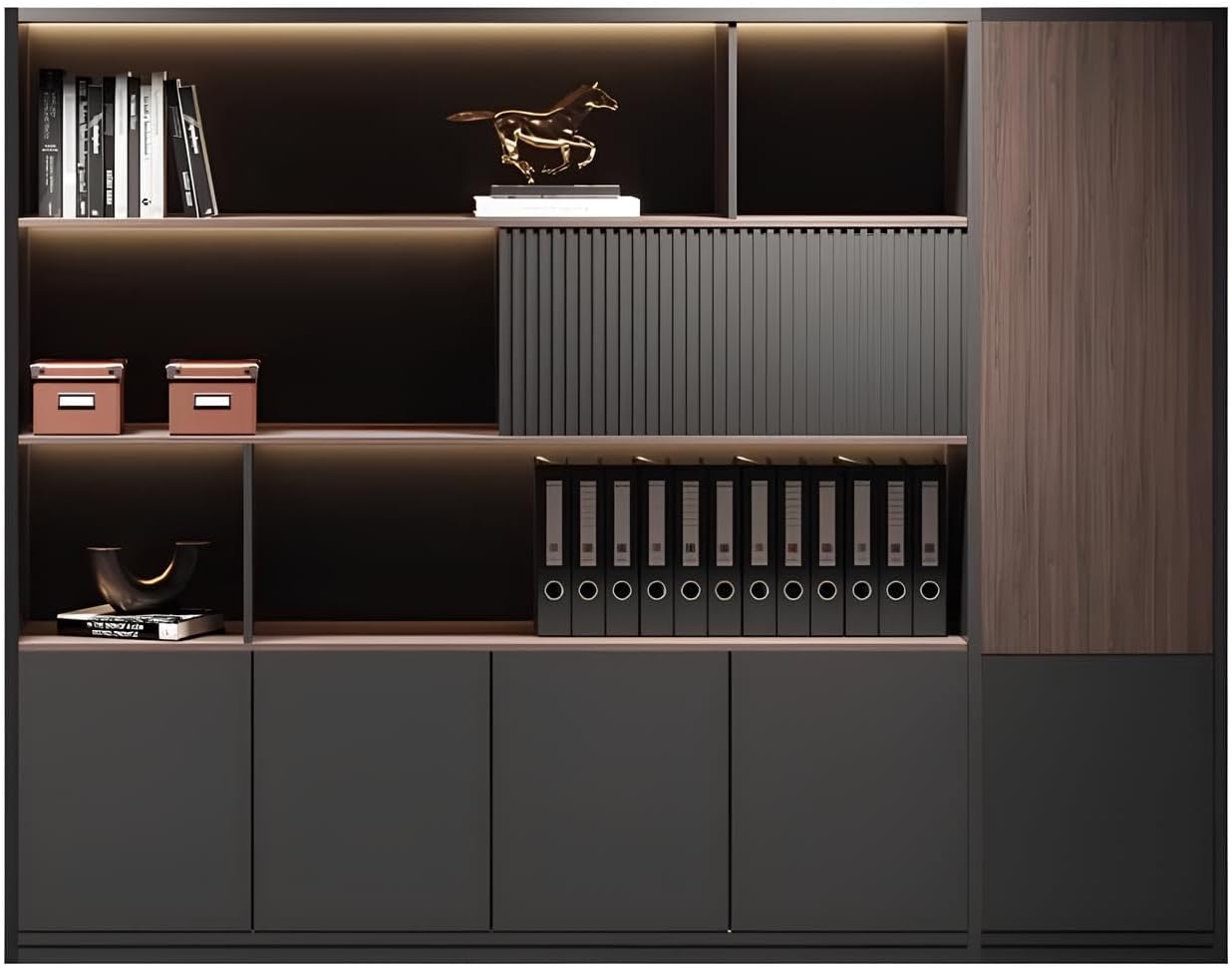 Office File Cabinet for L Shaped Executive Desk, Office Storage Cabinet with LED Light Strip, File Cabinet with Open Shelves, Hanging Rod and Press-to-Open Doors (A, L 200cm/78in)