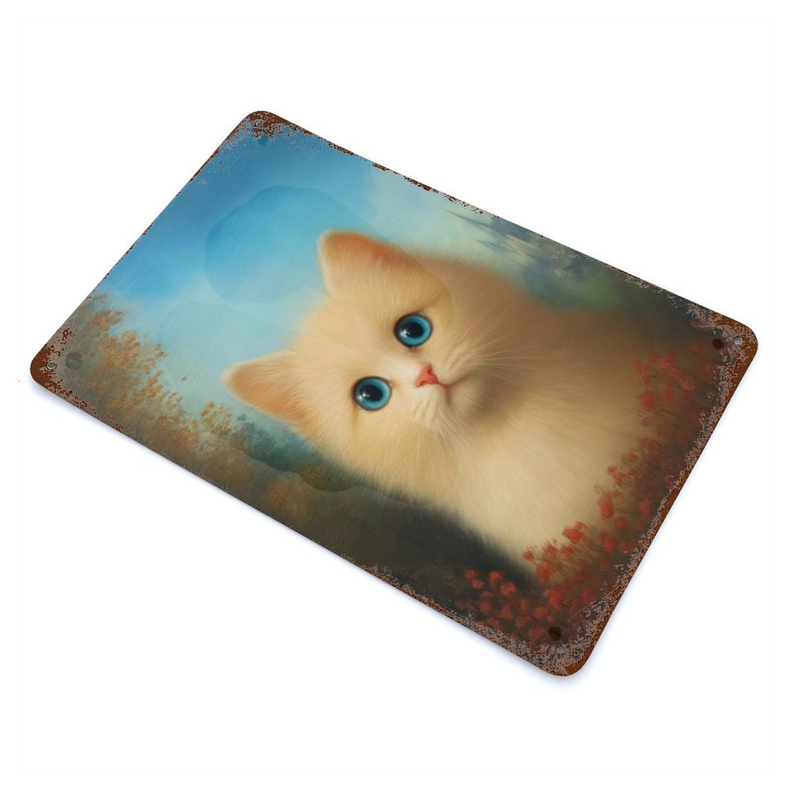 Garage Style Fluffy Kitten Aged Metal Wall Plaque 11.8"x7.9", Farmhouse Wall Decor for Bar And Workshop