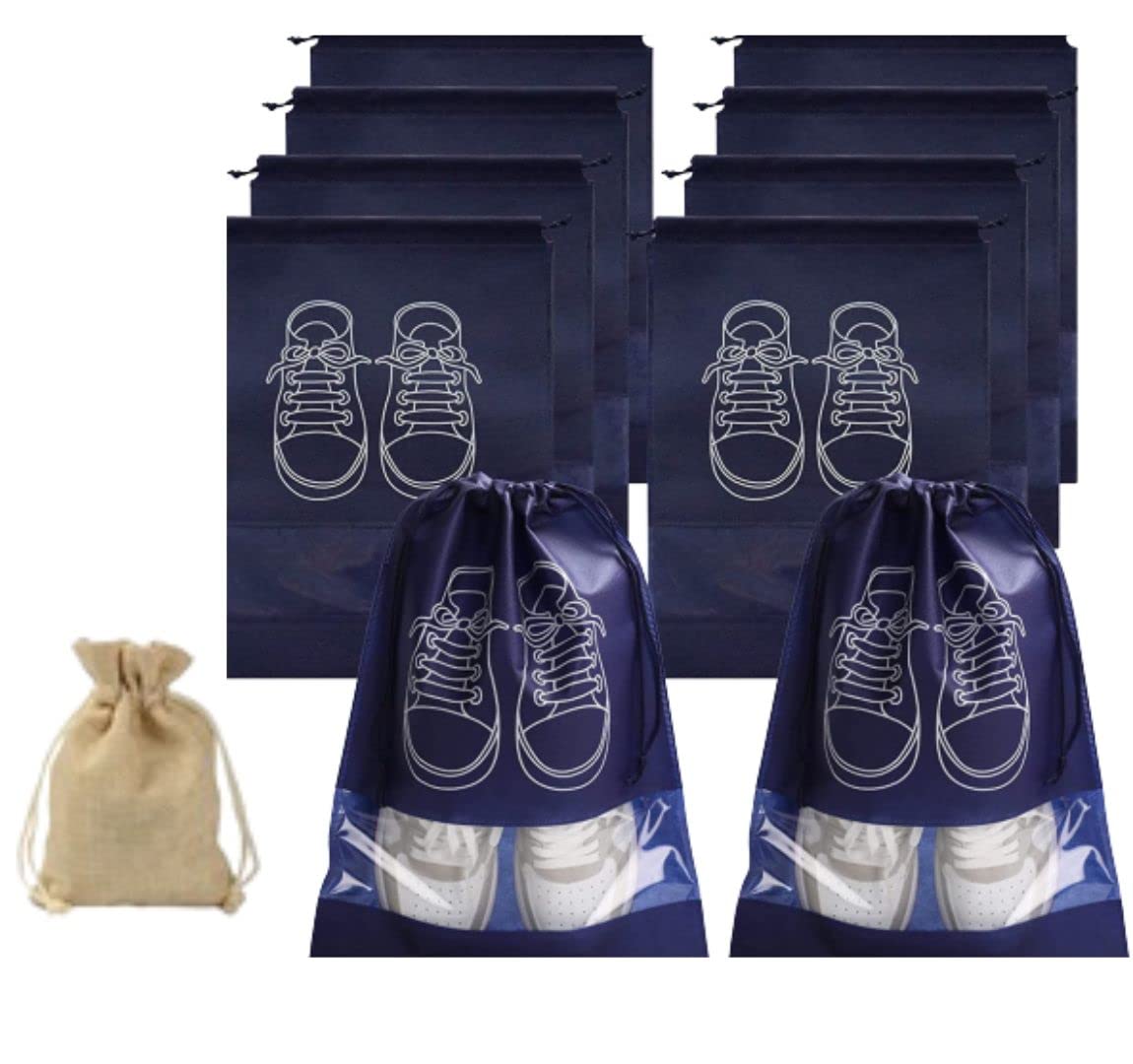 10 Pieces Waterproof Shoe Storage Bags with Jute Tote Bag, Non-Woven Fabric with Drawstring and Transparent Window for Travel, Shoe Storage Bag Organizer for Women and Men Size 44x32 cm (Dark Blue)