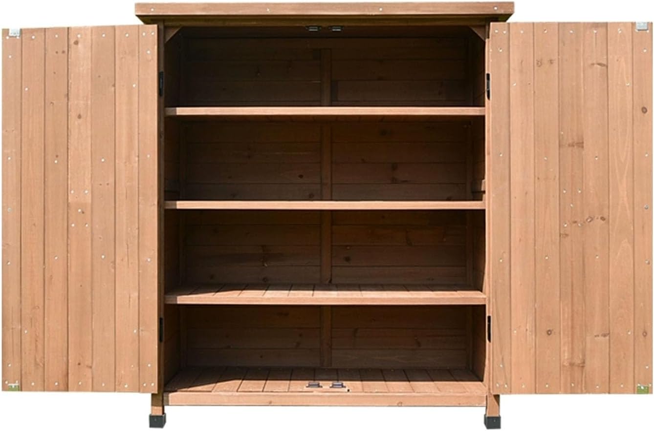 Large Vertical Outdoor Storage Box Adjustable Foot Pads, Wooden Outdoor Storage Cabinet with Doors Galvanized Cabinet Top for Delivery Patio Garden and Porch,Ch,Chrome