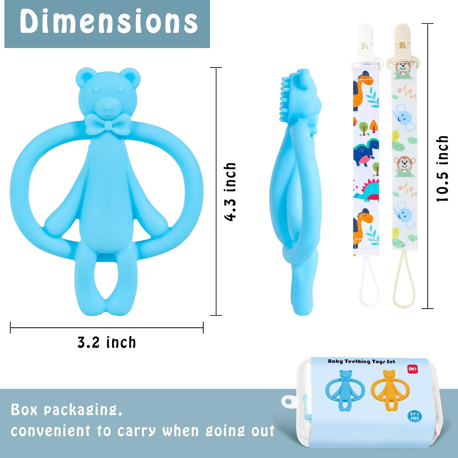 2 Pack Baby Teething Toys for 0-6 6-12 Months, Silicone Baby Bear Teether, Easy to Grip Teether for Babies Infants Boys Girls, BPA Free, Blue and Yellow