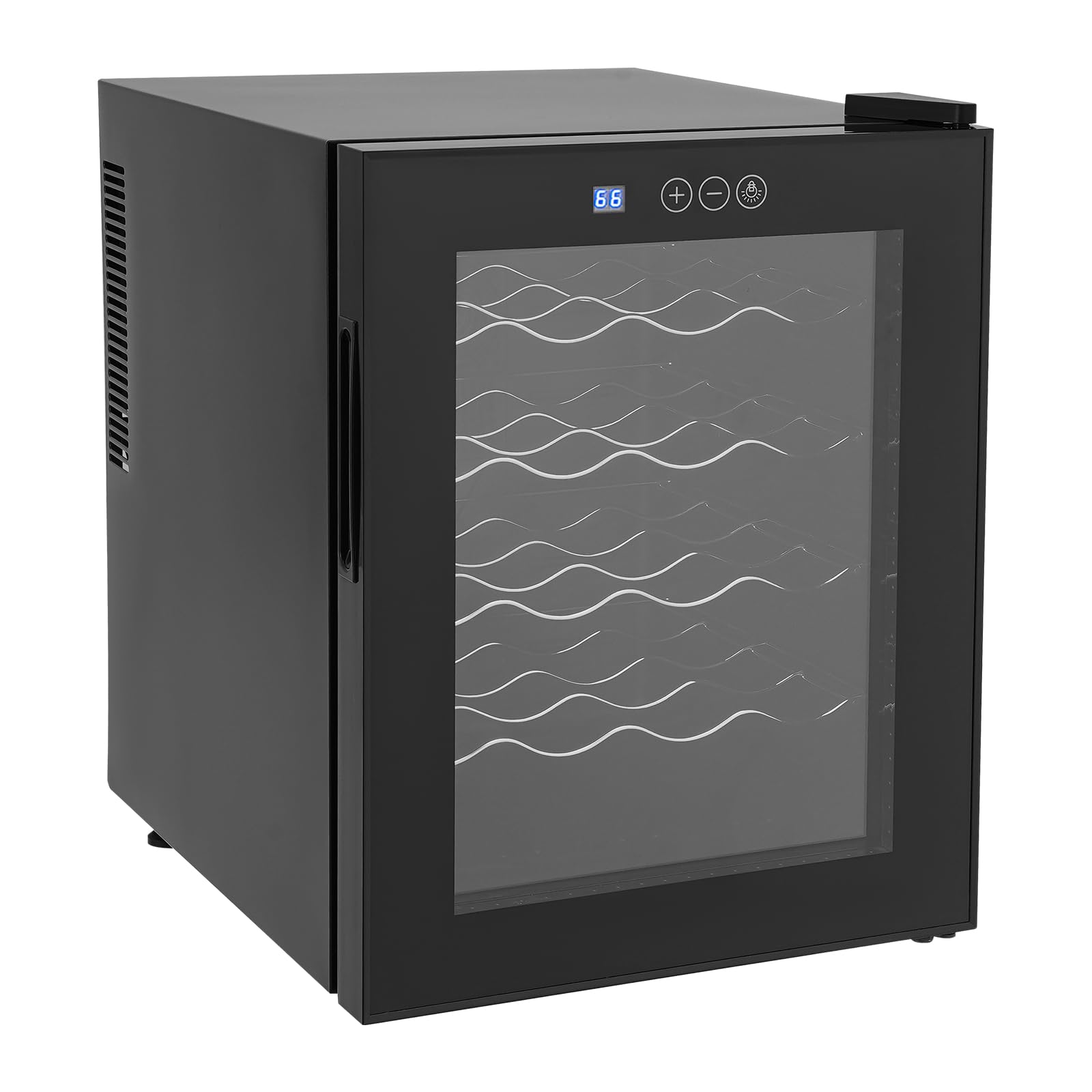 Nevera para vino, 20 botellas, 48 L, iluminación LED, enfriador de vino, pantalla táctil, puerta de cristal reforzada, vino independiente, rango de temperatura 12 – 18 °C, 50,2 x 40 x 53 cm
