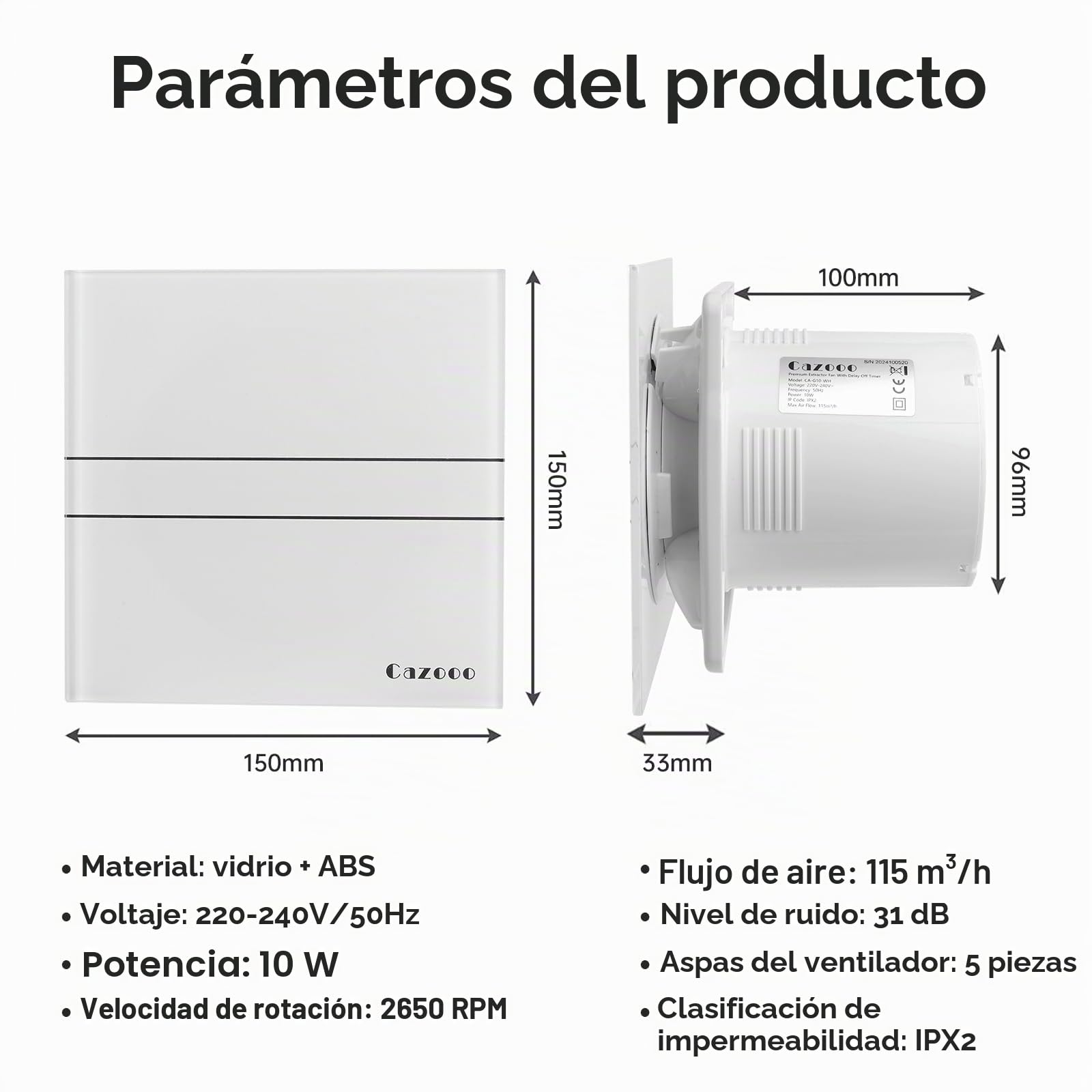 Ventilador extractor de baño silencioso de cristal beige de 100 mm, con solapa de reflujo, extractor de ventana de pared para ducha, cocina, inodoro, ático, 115 m³/h, 10 W, 31 dB, IPX2