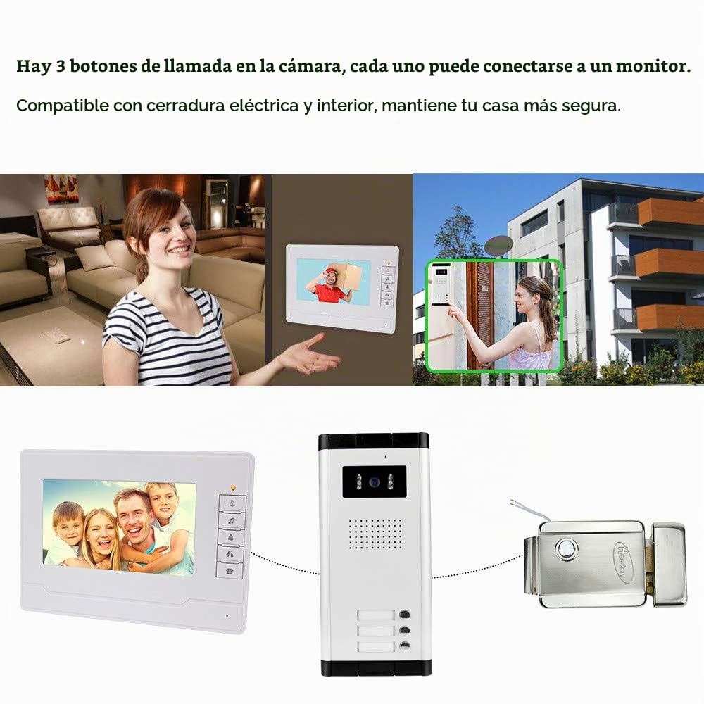 Sistema de intercomunicación por video Sistema de 3 monitores Timbre de video con cámara IR Visión nocturna Teléfono de la puerta para el hogar 3 apartamentos
