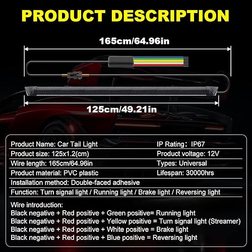 Miniatura 8 de 49.2 in Flexible Coche Luz Trasera RGB LED Tira Kits Cubierta Trasera Freno Detención Señal de Giro Lámpara de Correr Impermeable DC12V (RGB)