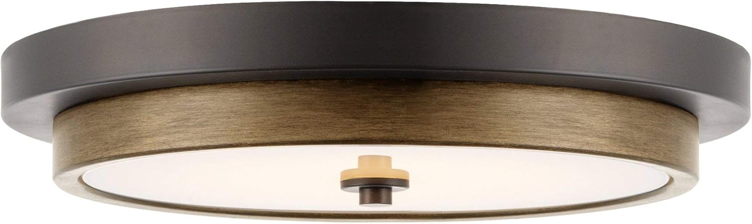 Kira Home Hermosa 14" Modern Semi Flush Mount Ceiling Light, Integrated 24W LED + Round Glass Diffuser, 3000k Warm White Light, Smoked Birch Wood Style + Oil Rubbed Bronze Finish