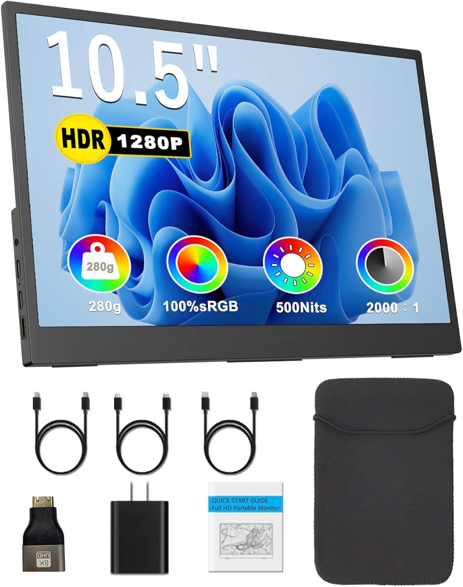 Portable Monitor 10.5'' 1920x1280 Second External Monitor for Laptop 3:2,100％sRGB,w/45° Adjustable Stand,HDMI USB-C Computer Display for Laptop PC Phone Mac