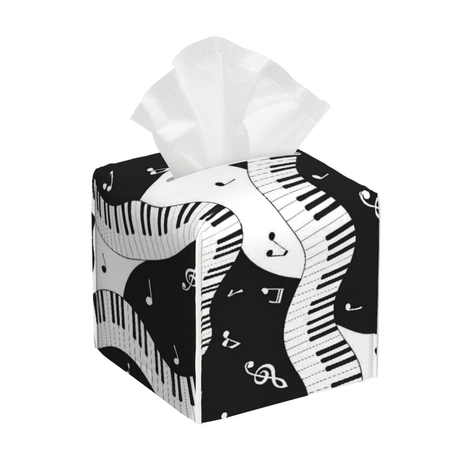 Black and White Piano Keys with Musical Notes Leather Tissue Box Cover Holder Square Facial Paper Organizer 5.2" X 5.2" X 5.2"