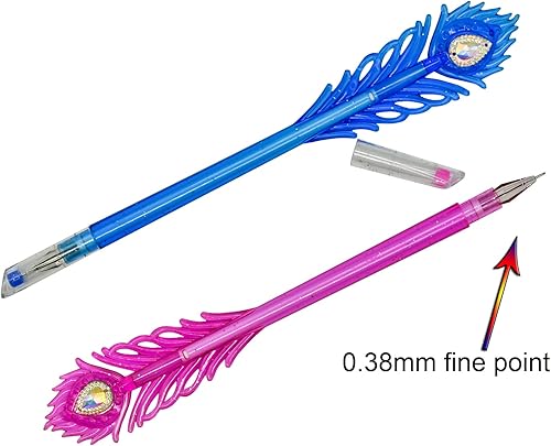 Miniatura 2 de Lopenle 12 bolígrafos coloridos de plumas de pavo real, bolígrafos de gel de colores con puntas de cabeza de diamante, 24 repuestos, tinta brillante