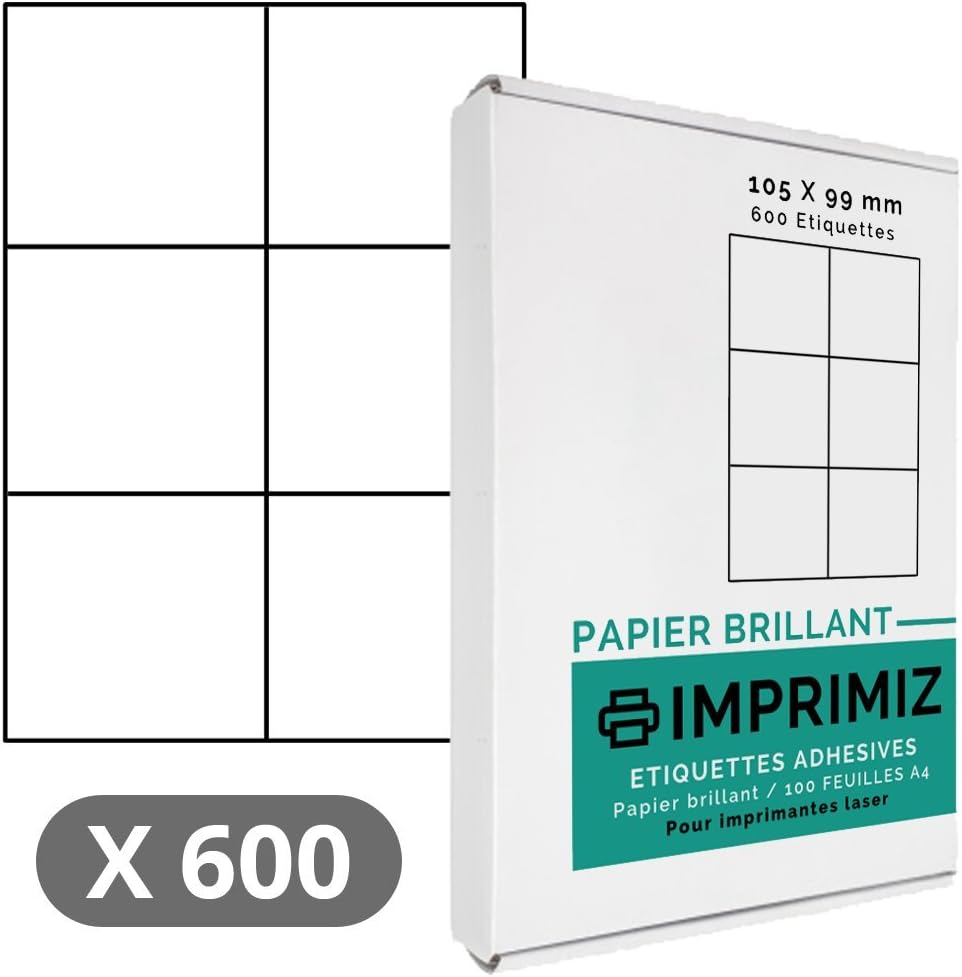 600 Self Adhesive Labels - High Gloss White - for Laser Printers - 100 Sheets A4 Adhesive Labels - 105 x 99 mm - 6 Labels per Sheet - Glossy White