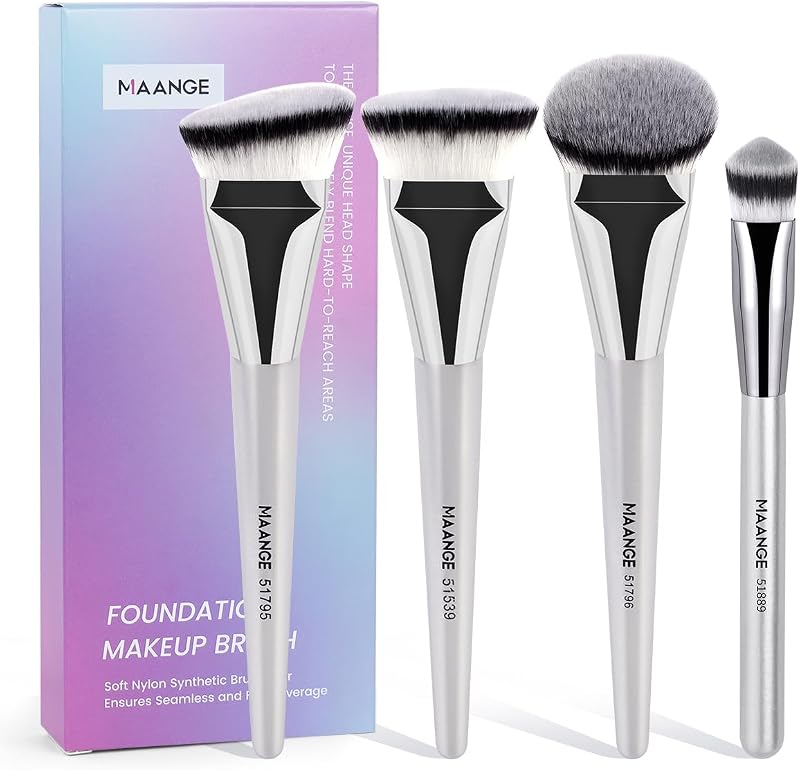 Kit de Pincéis para Maquiagem MAANGE com 4 Unidades, Base, Corretivo e Contorno, Kabuki, Prateado