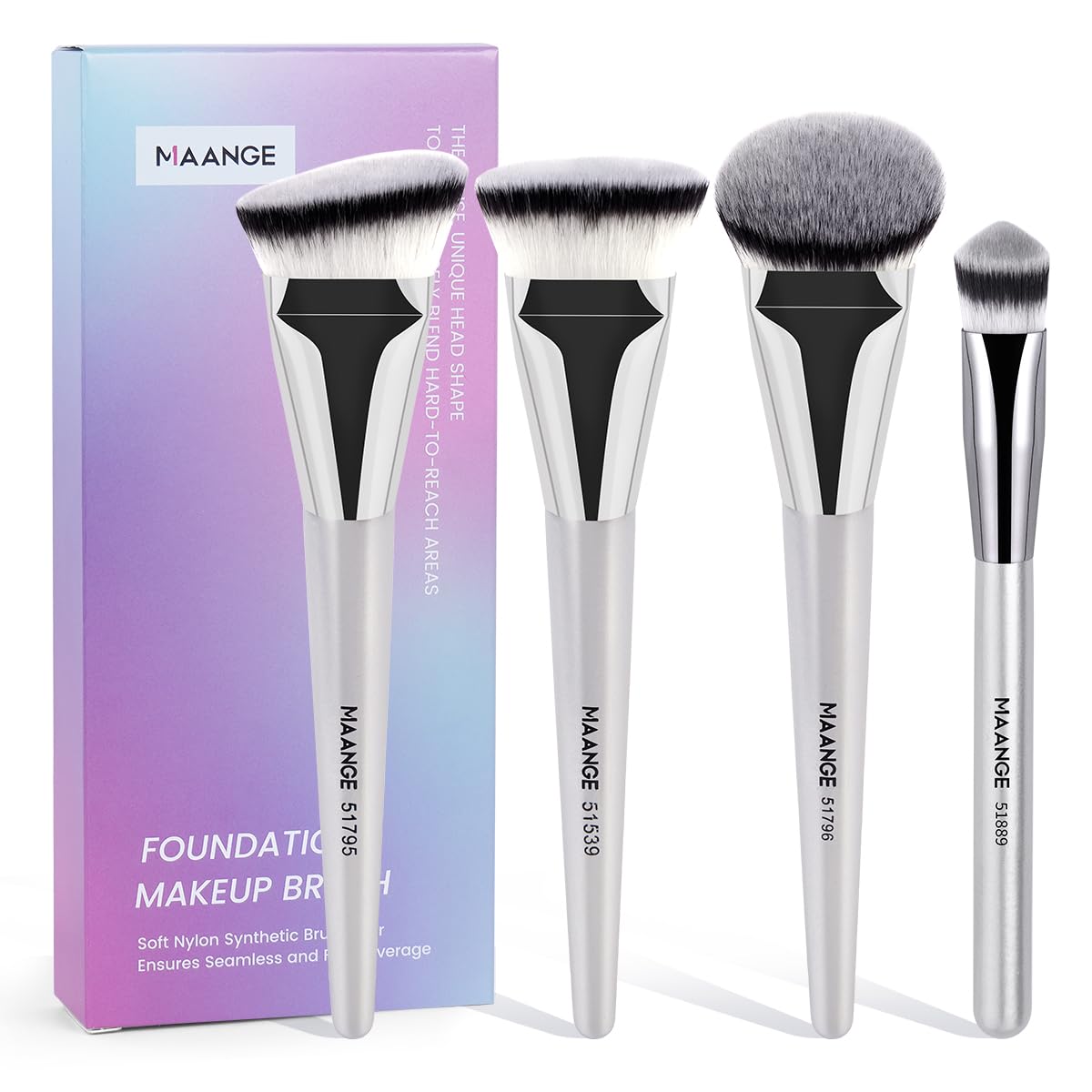 MAANGE Makeup Brushes 4 Pcs Makeup Brush Set for Foundation Contour Concealer Brush Face Makeup (Silver)
