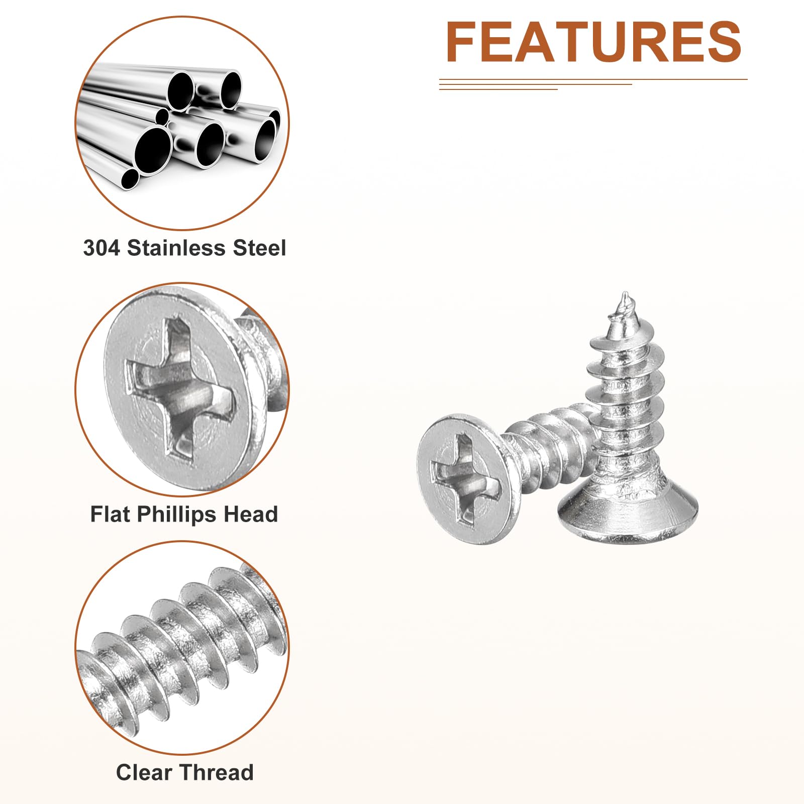 DTGN 100Pcs M4x12mm Flat Head Wood Screws, 304 Stainless Steel Phillips Self Tapping Screws - Good for Woodworking Furniture - Silver - Image 4