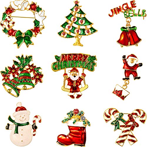 9 Pieces Christmas Brooch Pin Set with Rhinestone Crystal Christmas Decorations (Merry Christmas Set)