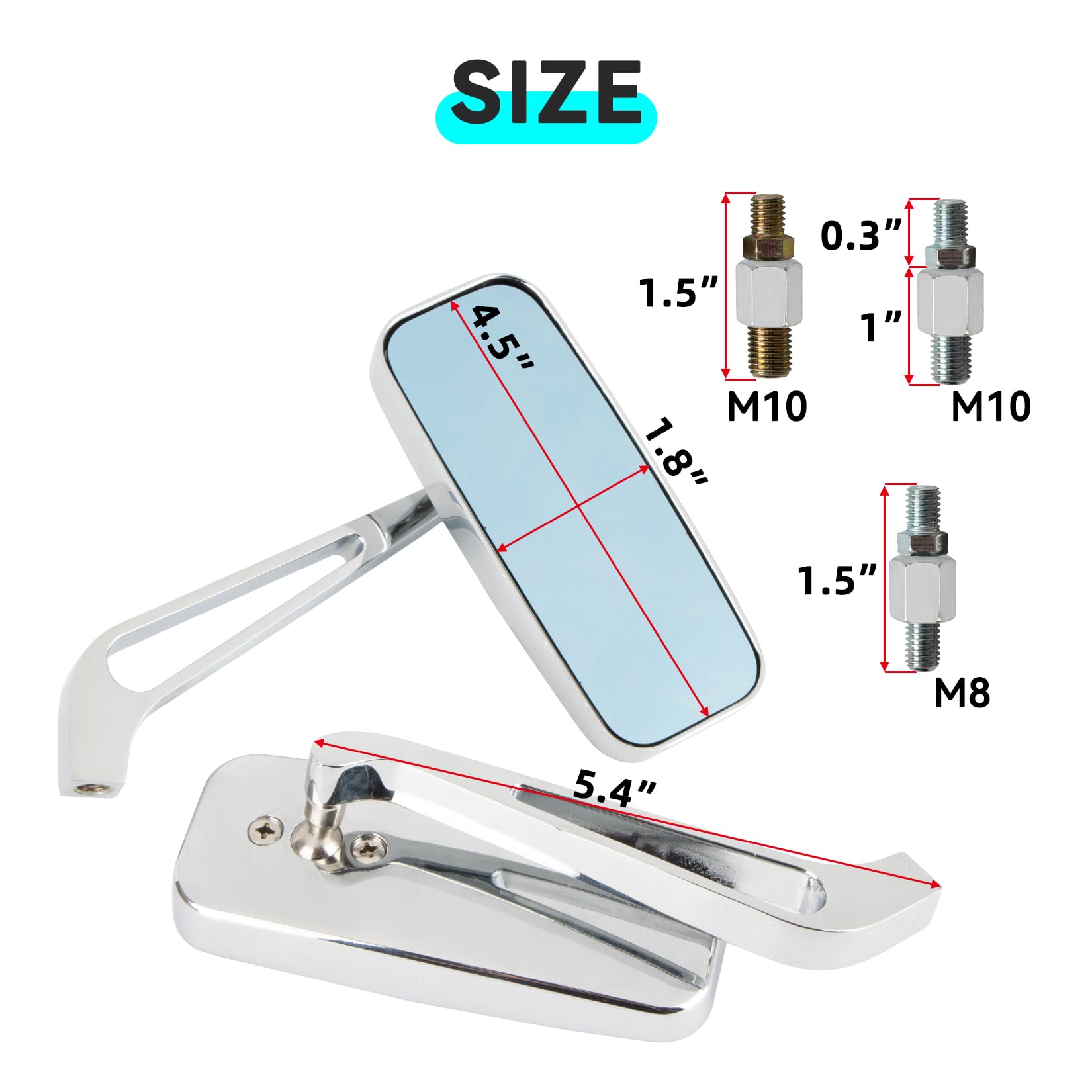 PSLER Specchietti Retrovisori Laterali Rettangolari per Moto - 8mm/10mm Adatti per Road Glide Street Glide Sportster 48 883 120 Chopper Softail Bobber Cruiser (Argento)