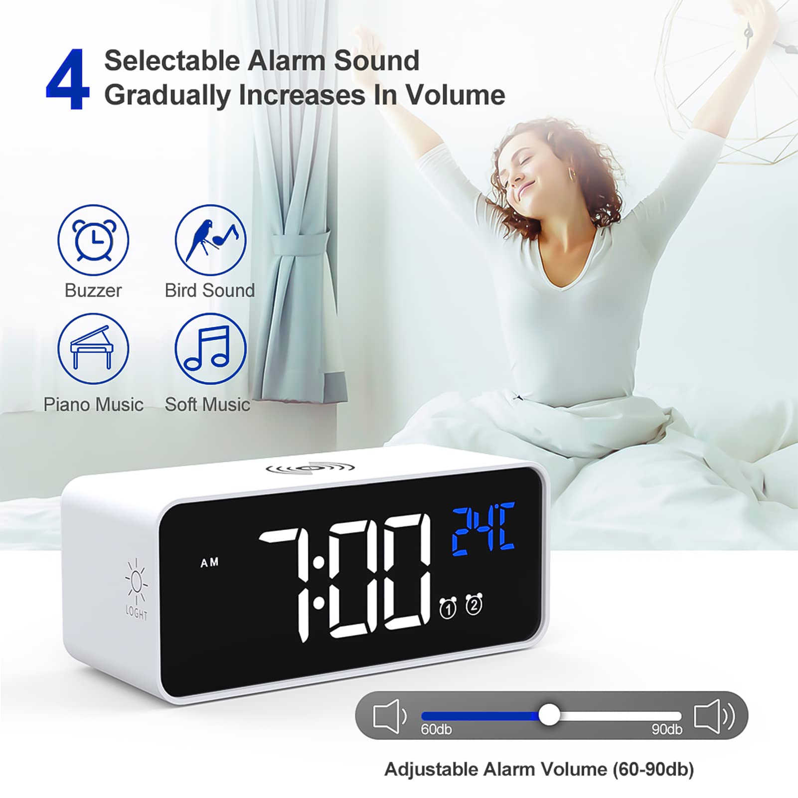 Sveglia elettrica, Orologi digitali a LED con caricabatteria Wireless Snooze e Orologio da Tavolo Regolabile con luminosità