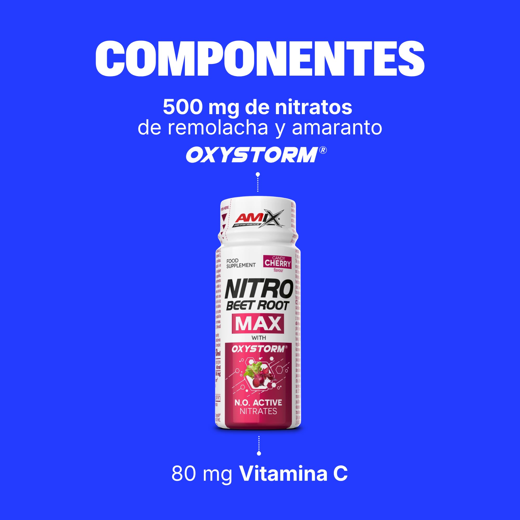 Amix Nitro Beet Root MAX – Sabor Cereza - 20 Shots de 60 ml – Concentrado de nitratos de remolacha y Oxystorm® – Con vitamina C – Formato líquido listo para tomar antes del entrenamiento