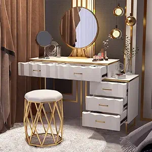 Vandana Interiors Modern White Extendable Makeup Vanity 5 Drawers Dressing Table Set with Stool and Mirror
