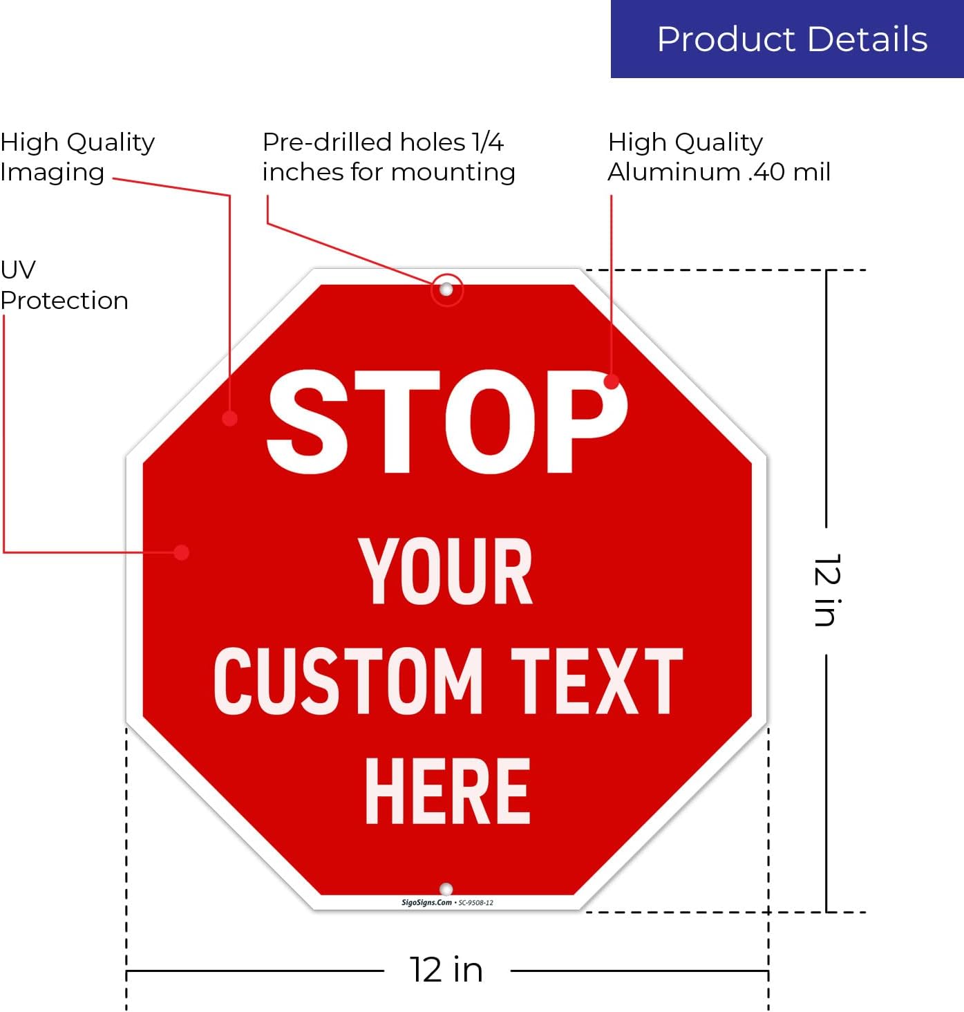 Custom Stop Signs, Personalise for Business, Outdoor Parking and Garage Sign, 12x12 Inches, Rust Free .040 Aluminum, Fade Resistant, Made in USA