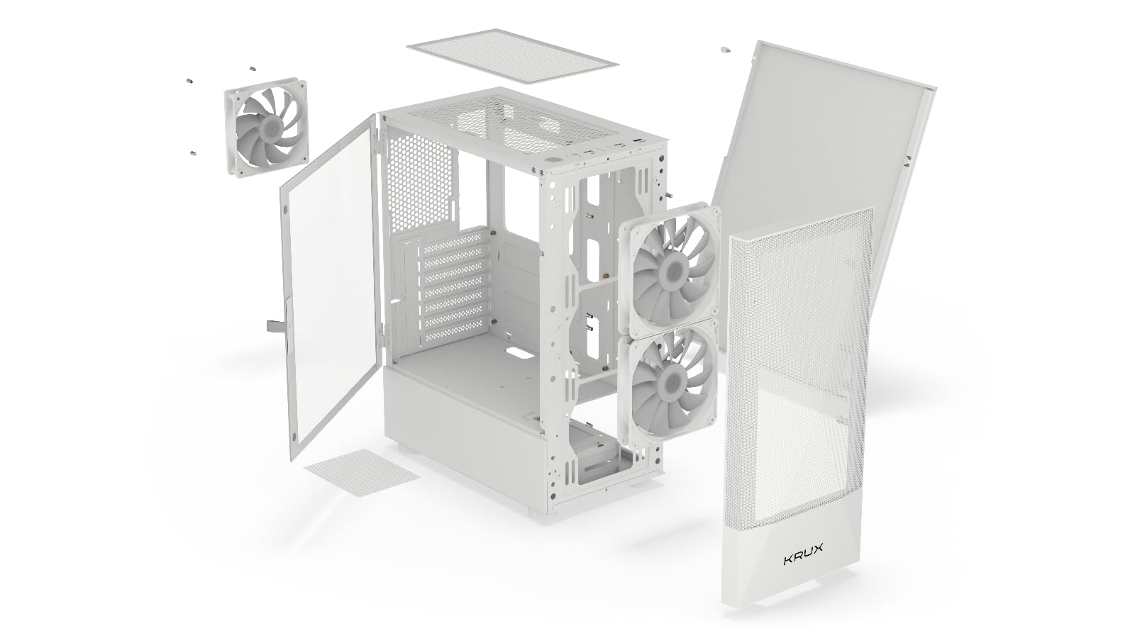 KRUX Vako White RGB,ATX MATX Gaming PC Carcasa Blanca, Ventilador de 2 x 140 mm, Interior Espacioso, Carcasa de PC ATX, Buen Flujo de Aire, hasta 310 mm GPU, PC Case Blanco, KRXD005