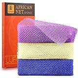 3 Pieces African Bath Sponge African Net Long Net Bath Sponge Exfoliating Shower Body Scrubber Back Scrubber Skin Smoother,Great for Daily Use (Purple,Blue,Off-White)