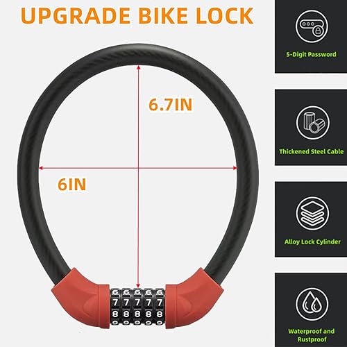 Miniatura 6 de Cerradura de bicicleta, cerradura de cable antirrobo portátil negro, cerradura de bicicleta de combinación de 5 dígitos de alta seguridad, cerradura